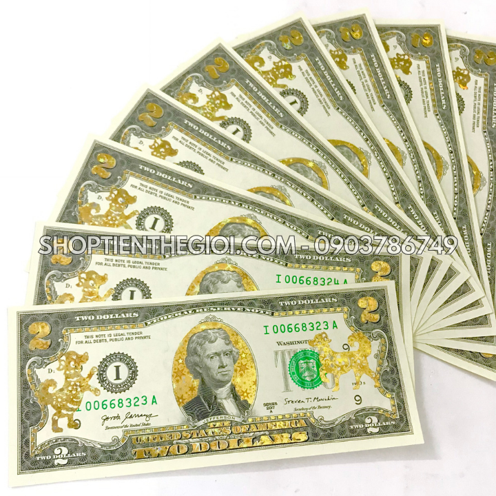 Tiền 2 USD in hình Con Chó 3D nhũ vàng 